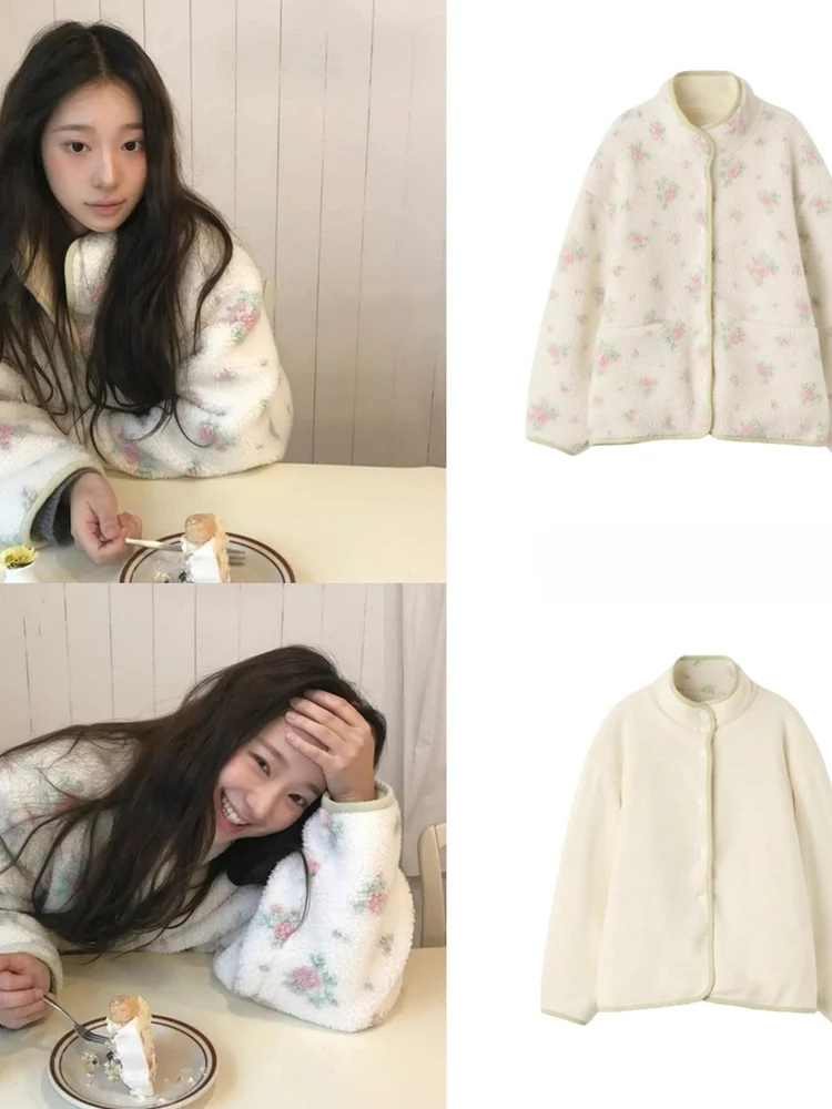 

Double-Sided Wear Floral Print Fleece Jacket Loose Fit Warm Autumn Winter Outerwear Korean Style Commute Fashion Ladies Coat