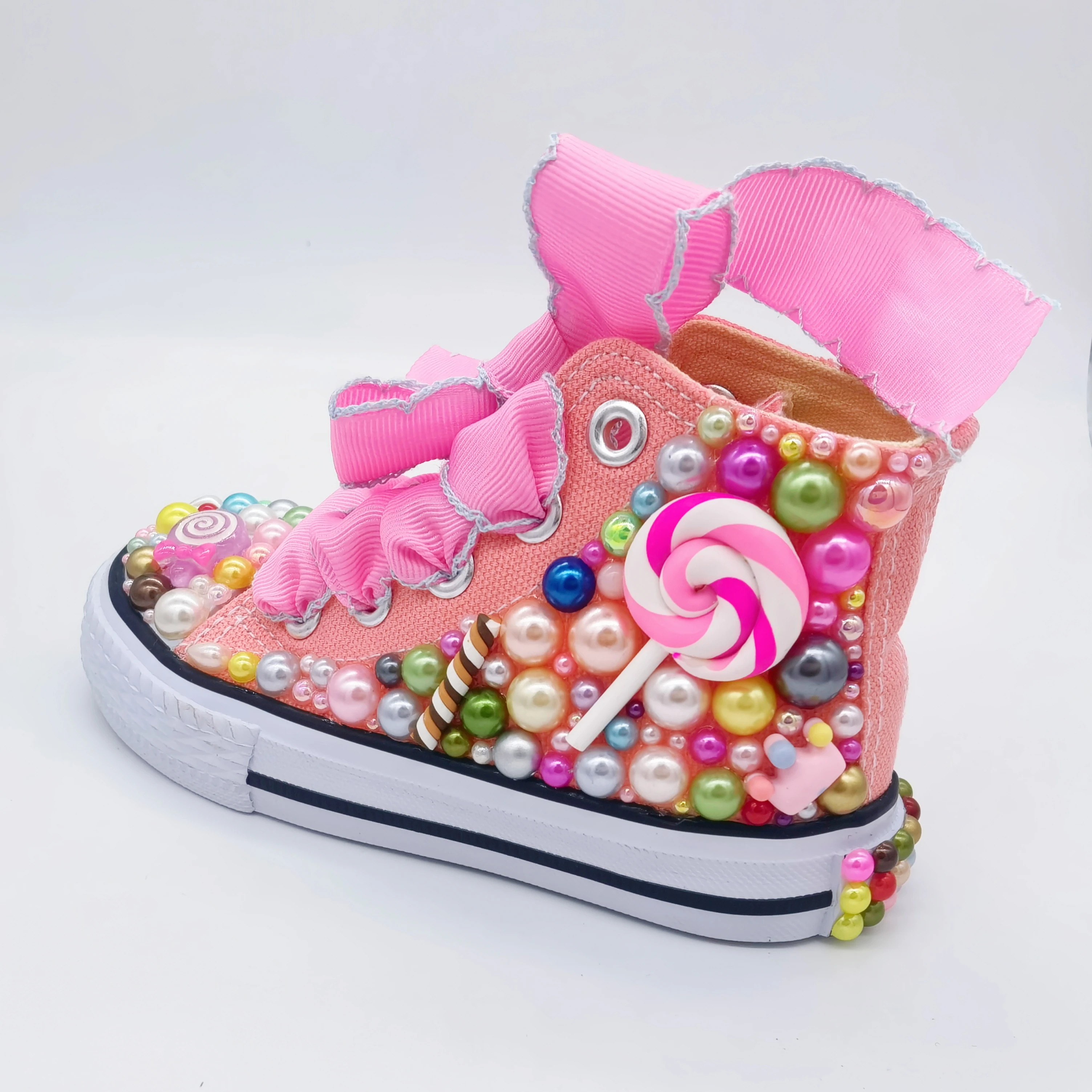 Random Lollipop Rainbow Candy Canvas Simulation DIY Kids Pearls Sneakers For Girl Birthday Party Dollbling Handmade Bling Shoes