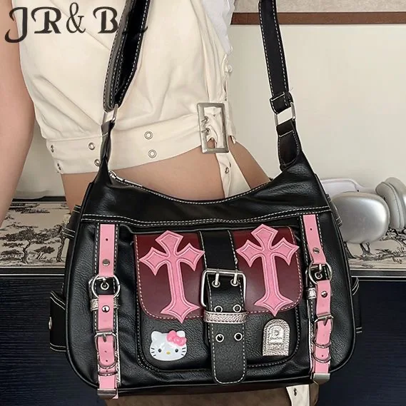 Sanrio Hello Kitty Gothic Punk Vintage Pink Cross Chains Crossbody Bags For Women Toys Hot Girl Handbag Y2k Trend Tote Bag Gift