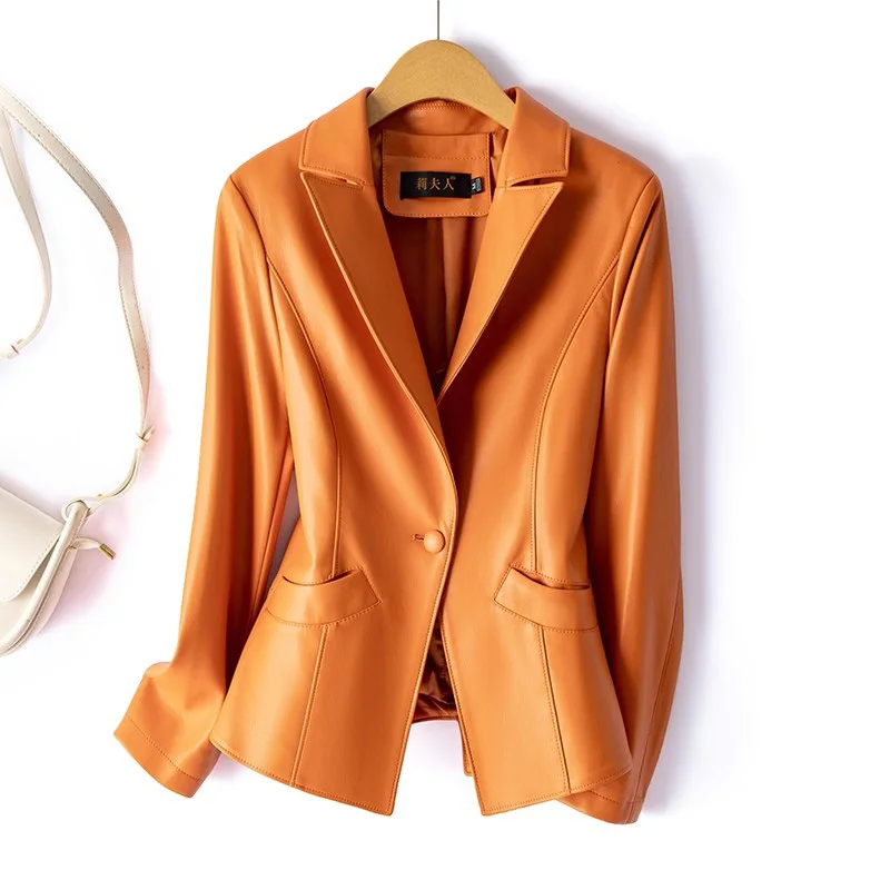 Neu Damen Frühling Herbst Spaltleder Jacke Mode Fallender Kragen Schmale Taille Ein-Knopf-Blazer Lässig Lederjacke Damen