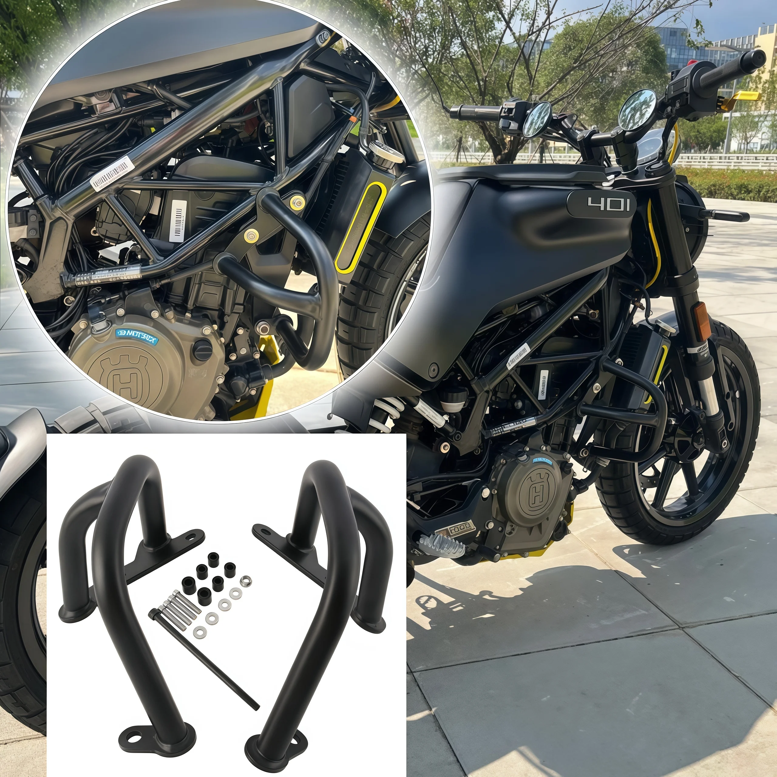 

Защита двигателя и бака для мотоциклов Husqvarna Vitpilen 401 250 2018-2021, Svartpilen 401 – бампер, дуги безопасности, боковая защита