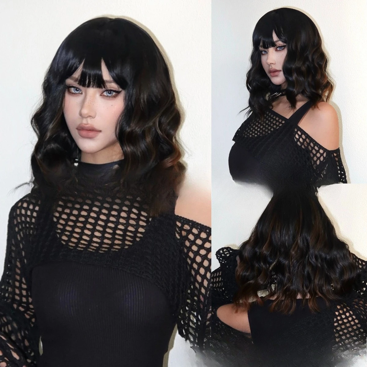 

Горячий парик Черный Коричневый Мелирование Ци Челка Бобо Короткие вьющиеся волосы Полный головной убор Парики