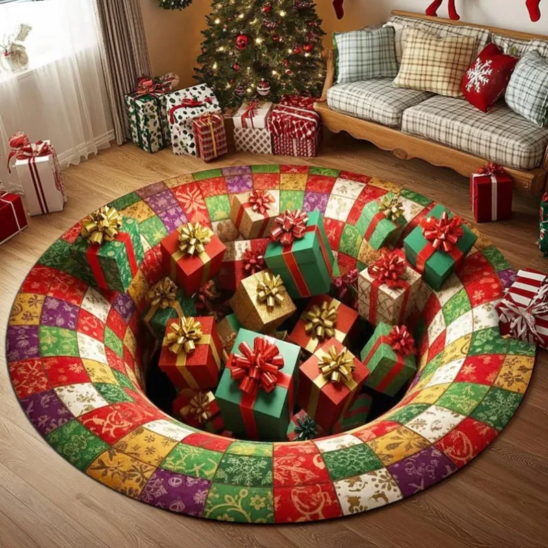 3D-Effekt Weihnachtsgeschenke Teppich Weihnachtsgeschenke Runde Matte Weihnachten Willkommensteppich Outdoor Indoor Dekor Weihnachtsdekoration Neue Wohngeschenke