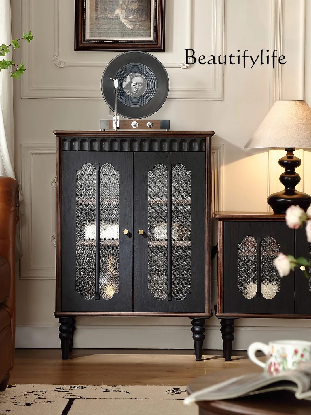 

Medieval wine cabinet French retro display cabinet ash wood glass storage cabinet living room against the wall solid wood