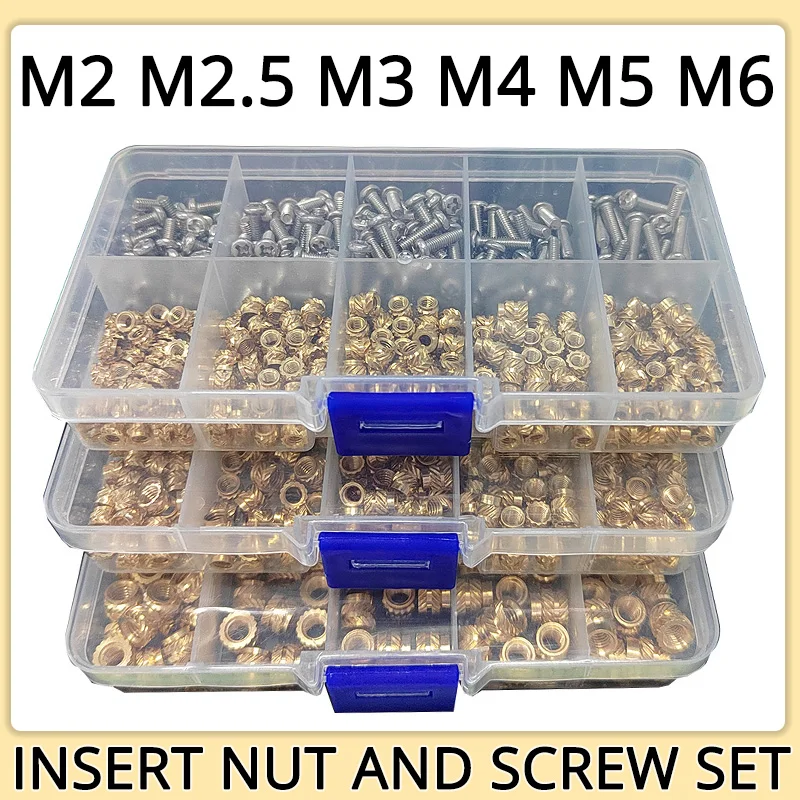 M2 M2.5 M3 M4 M5 M6 inserto in ottone dado e Set di viti filettatura termica zigrinata a caldo dadi in rame Kit assortimento di bulloni in acciaio