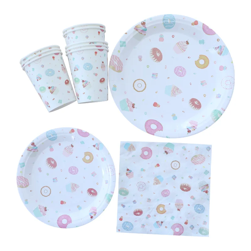 Disposable Party Tableware Set Donut Theme Paper Plate Paper Cup Napkin Tablecloth Children Birthday Party Decoration Pre-Christ