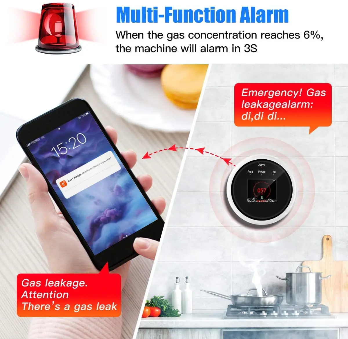 Tuya-Detector de fugas de Gas Natural con WiFi, Sensor de fugas de GLP, alarma de sonido y Monitor remoto de 433MHz, compatible con Google y Alexa