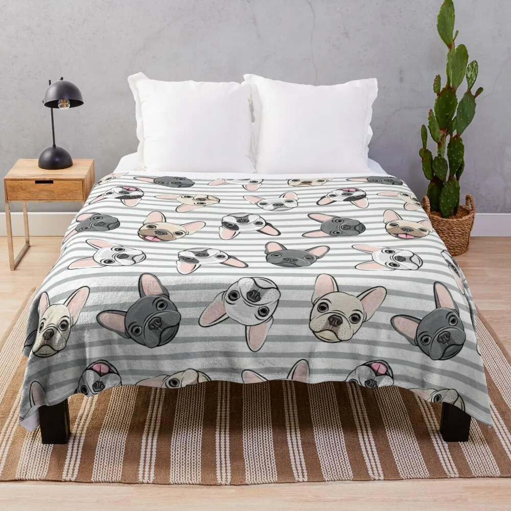 All the frenchies - grey stripes - cute French bulldogs Throw Blanket Soft sofa bed Furrys Blankets