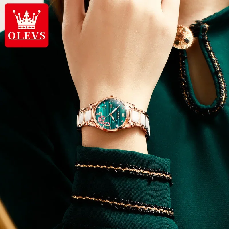 OLEVS 3605 Ceramic Strap Japan Quartz Women Wristwatch, Ceramics Luxury Fashion Waterproof Watch Women Luminous Calendar