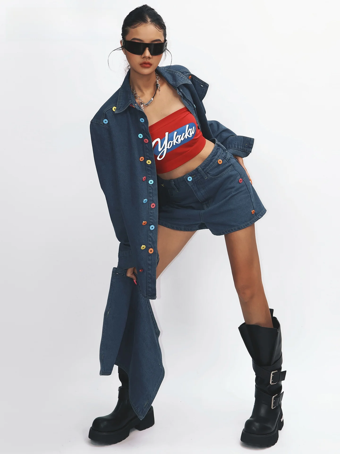 YoCool Spring Design Denim Shirt Women's Asymmetrical  Skirt Set Casual Style Long Sleeve Button up Fashion Outfit