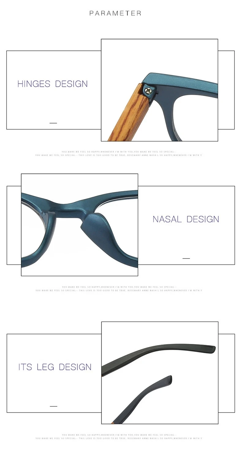 Retro Holzmaserung Lesebrille Männer Frauen Unzerbrechlich Quadrat Vollrand Hochwertige Vergrößerungs Presbyopie Brille Blau + 150 250 – Detail 7