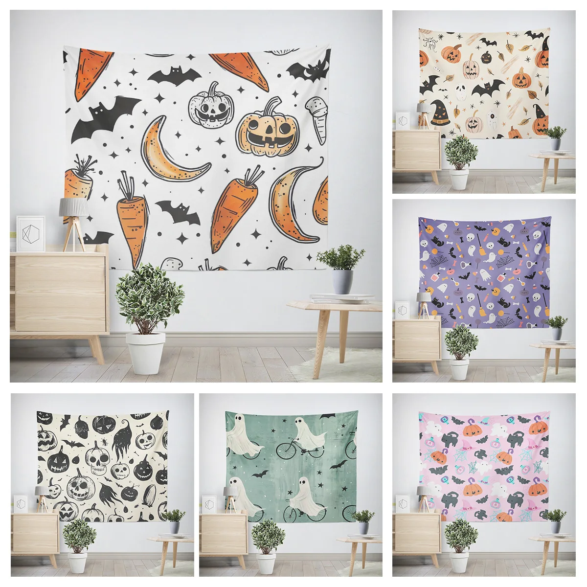 Home decoration modern room decor items wall tapestry aesthetic bedroom wall art large fabric happy Halloween Autumn Pumpkin