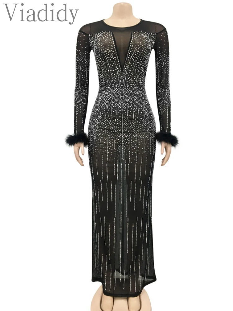 Sexy See Through Sheer Mesh Rhinestone Feather Long Sleeve Maxi Party Dress