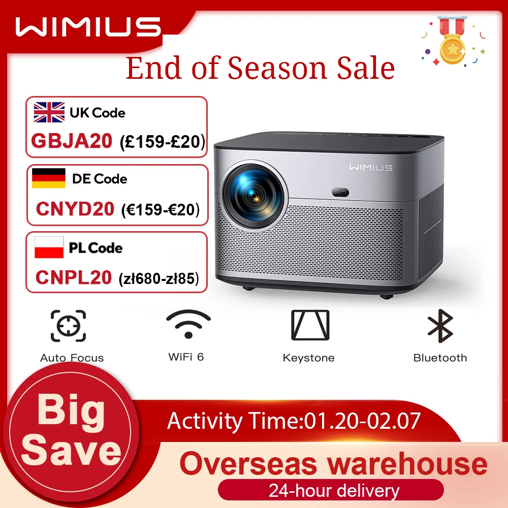 Wimius Projector Native 1080P Full HD 500 ANSI 25000L 4K Supported WIFI 6 Bluetooth Projector Autofocus Keystone Correction