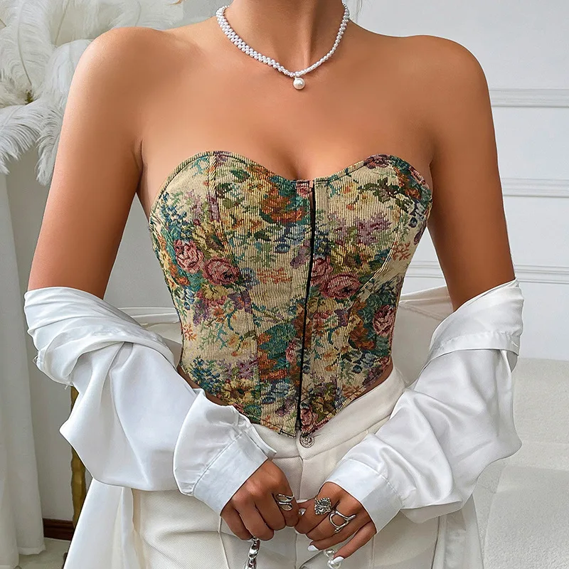 Women Clothing Vintage Floral Jacquard Bustier Corset Sexy Low Cut Strapless Crop Top European Style