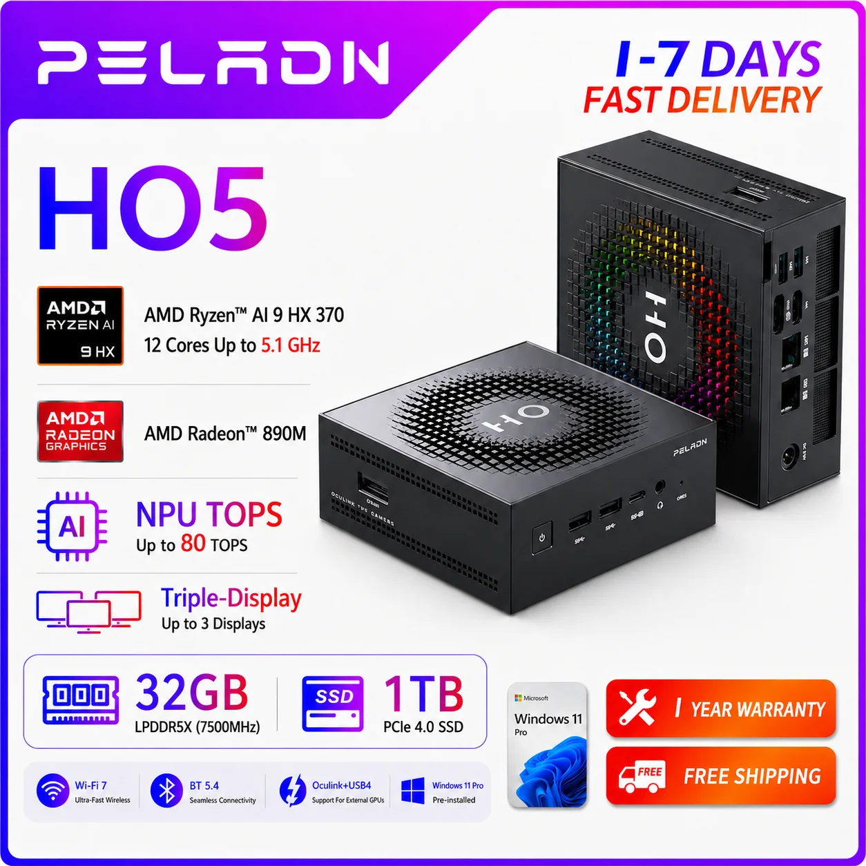 PELADN Gaming Mini PC AMD Ryzen AI 9 HX 370 (12 núcleos, hasta 5,1 Ghz), 32GB LPDDR5X 1TB PCIe 4.0 SSD Dual 2.5G LAN USB4 20Gbps Tipo-C/DP/HD Mini computadora de escritorio WiFi7 4K/60Hz Triple pantalla USB3.2/BT5.4