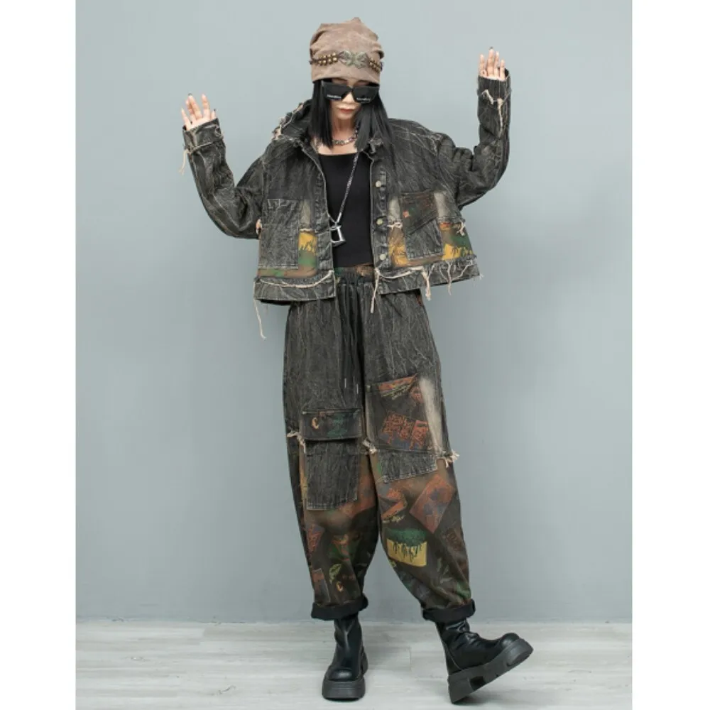 Trendy Printed Patchwork Denim Fashion Suit Women 2024 Autumn Vintage Loose Long Sleeved Jacket + Harem Pant Two Piece Set ZF237