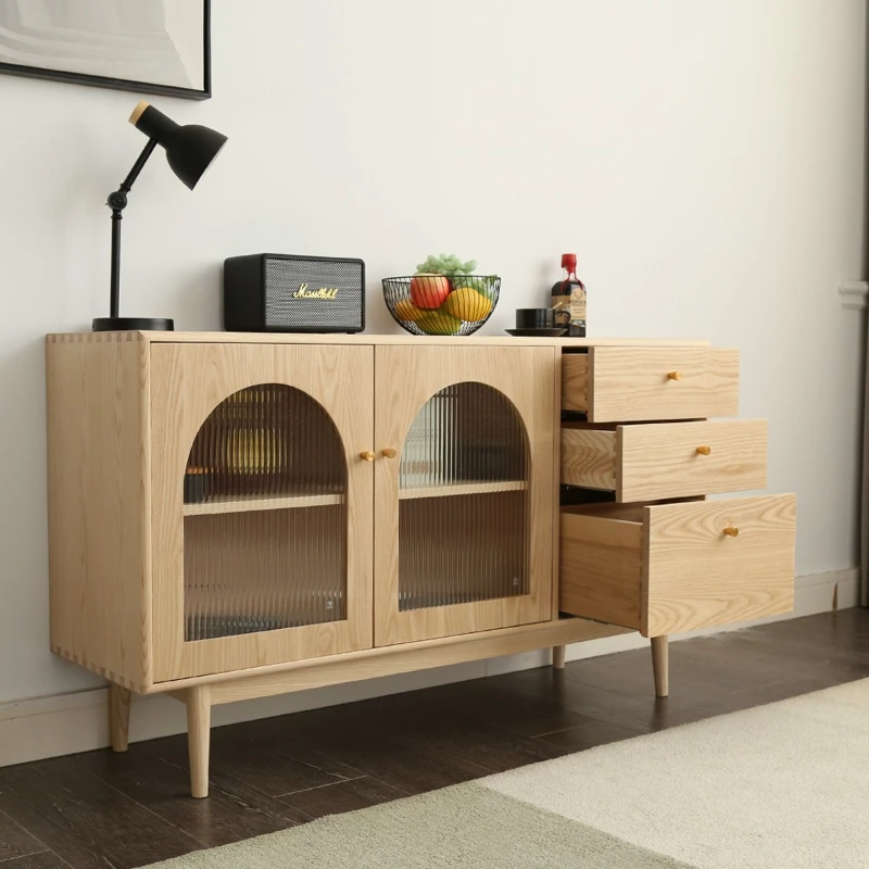 

Ash wood dining side cabinet Japanese log style cream style all solid wood storage locker