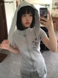 Y2k Hooded Jackets Women Kawaii Rabbit-ears Hotsweet Girls Short Sleeve Outerwear Summer Fashion Streetwear Leisure All-match