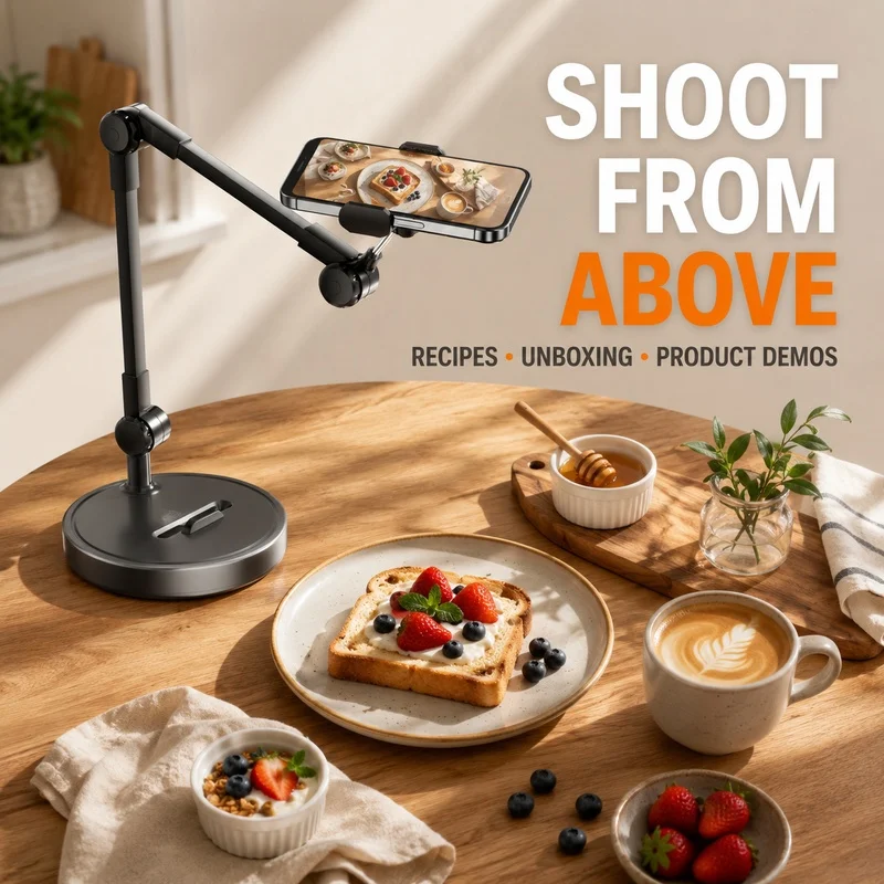 Overhead Phone Stand Desktop Tripod Top Down Mobile Holder for Live Streaming Food Photography Video Recording Online Teaching