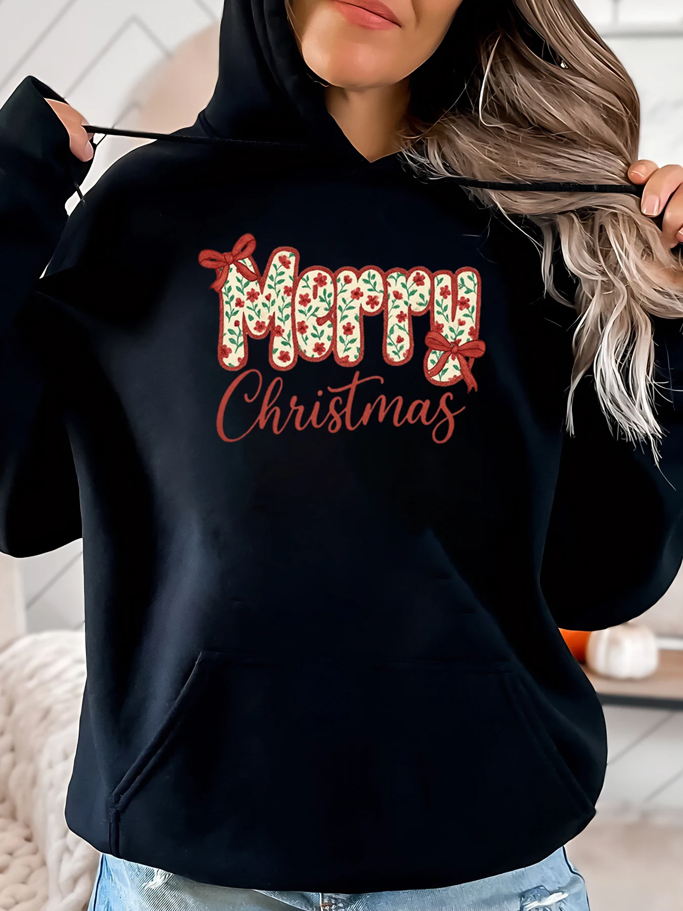 Bee Merry Christmas Print Hoodie Damen Urlaub Freizeitkleidung Schwarz Plus-Size