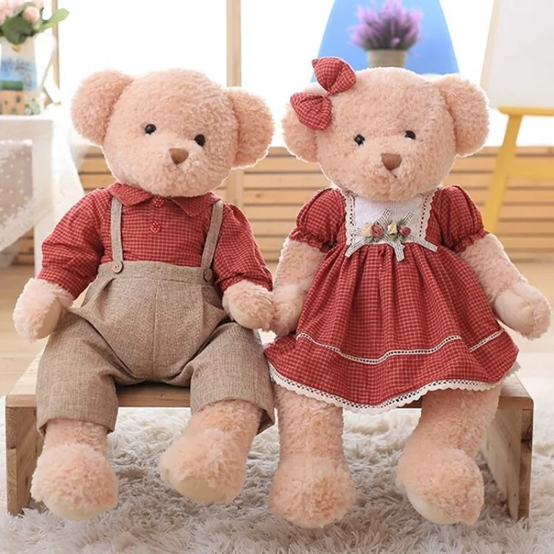 

A Pair Couple Teddy Bear Plush Toys Kawaii Stuffed Doll with Plaid Clothe Best Birthday Gift Christmas for Boy Girls