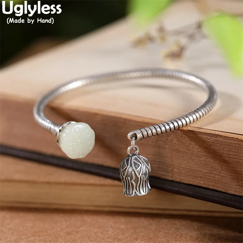 Uglyless Thai Silver Bell Orchid Flowers Open Bangles for Women Natural Hotan Jade Lotus Ethnic Dress Twists Bangles 925 Silver