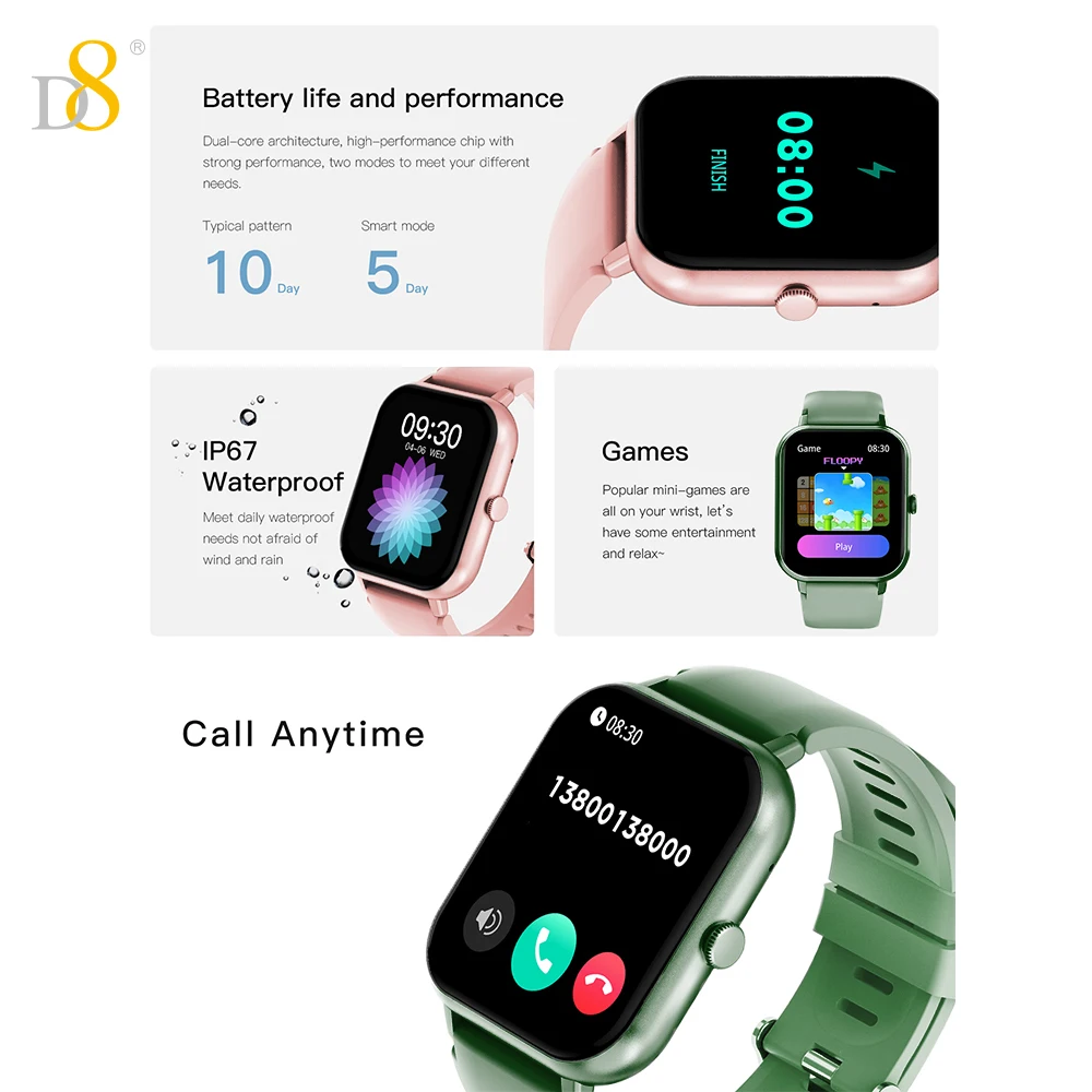 ساعة ذكية D8 بشاشة لمس 1.83 بوصة مقاومة للماء 100+ رياضية/إطارات/تشغيل الموسيقى/هدية للنساء/هدية عيد الحب