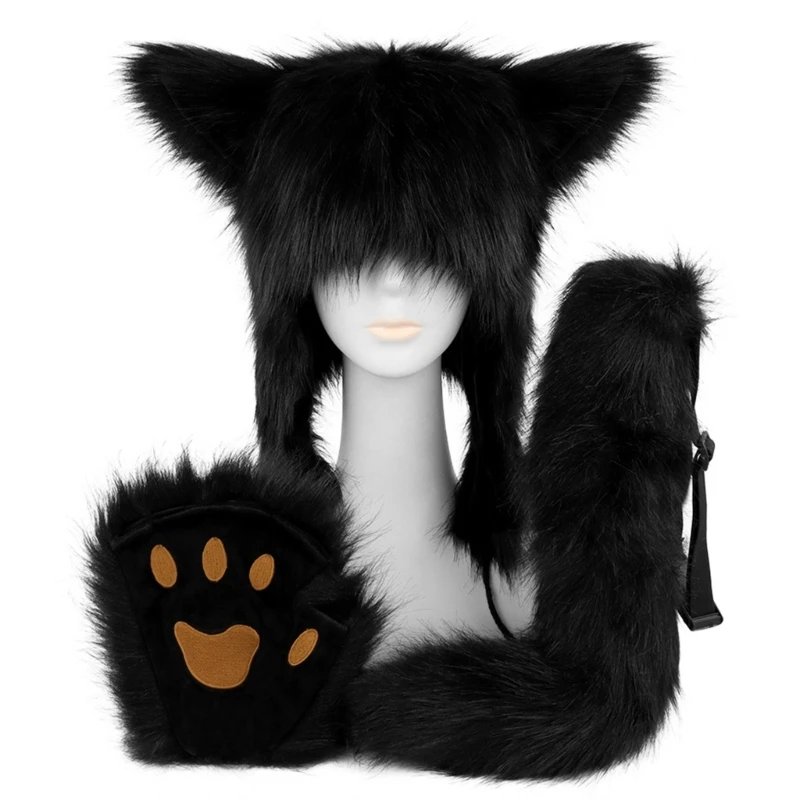 Gorro peluche, guantes cola gorro Animal, disfraz Halloween, conjunto cola Animal