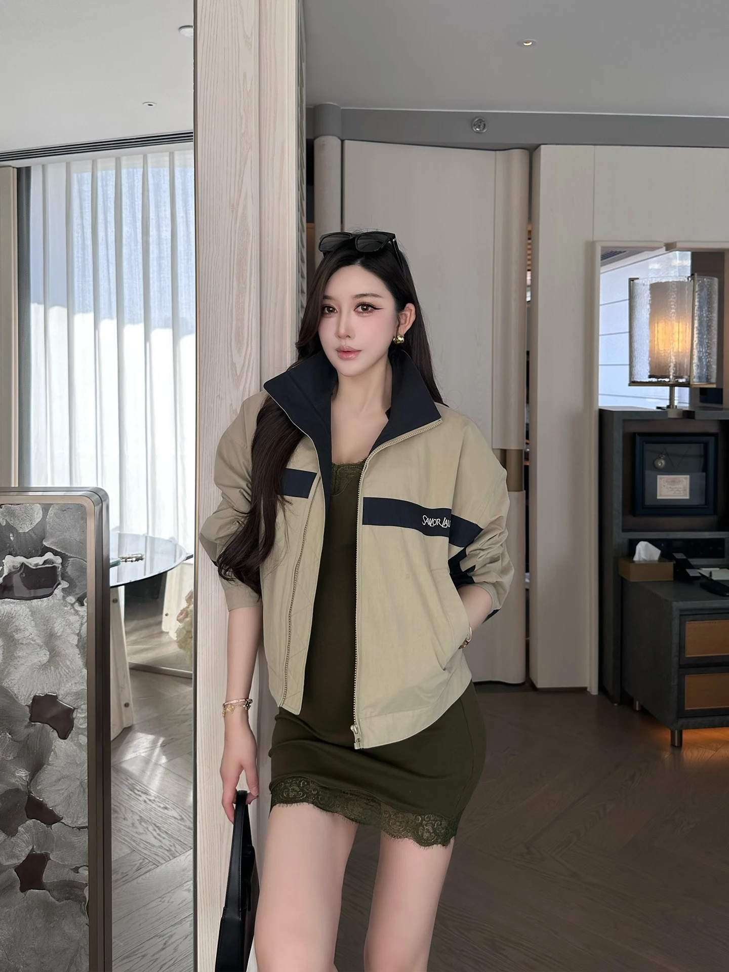 

High-End Casual SX Embroidered Contrast Color Cotton Canvas Jacket Women Loose Fit Sporty Stand Collar Outerwear