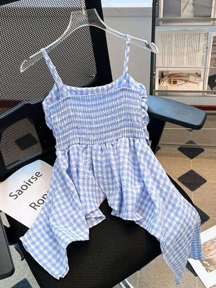 Colete Feminino Xadrez de Verão 2025 com Alça, Estilo Irregular, Efeito Clareador de Pele, para o Dia a Dia, Ajuste Slim, Fibra de Poliéster