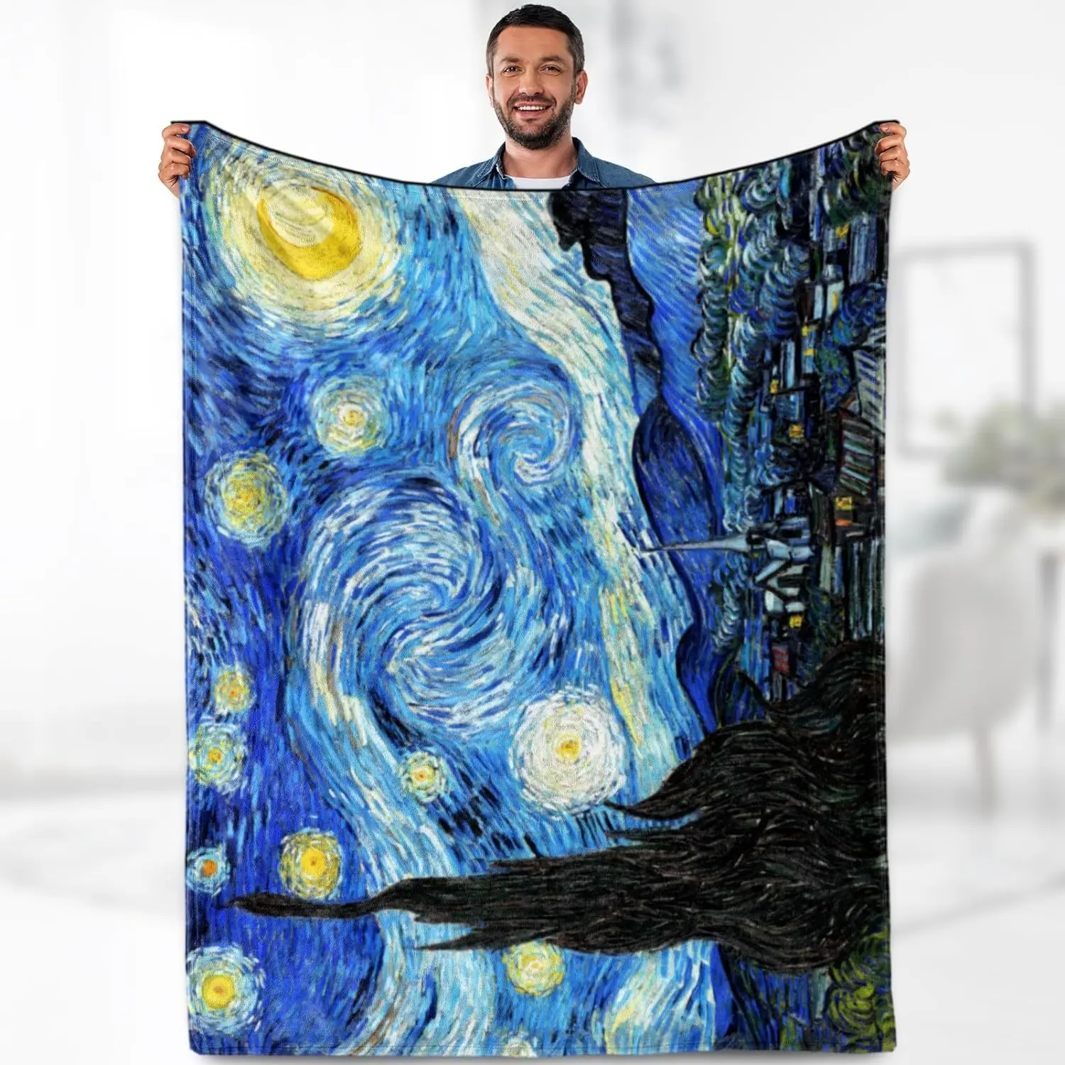 

"Starry Night" Abstract Countryside Art Print Gift for Flannel Blanket Throwing Lightweight Wool Comfortable Blanket