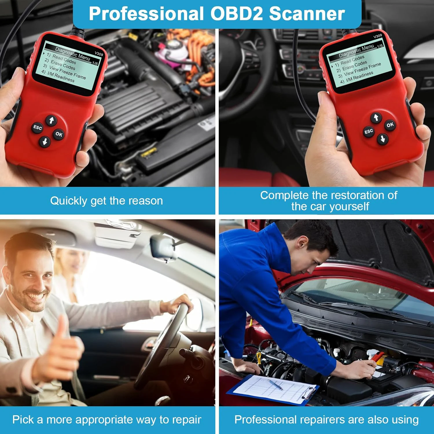 V309 OBD2 Scanner Automotive Diagnostic Troubleshooter Automotive Engine Trouble Code Reader OBD2 Check Engine Lights