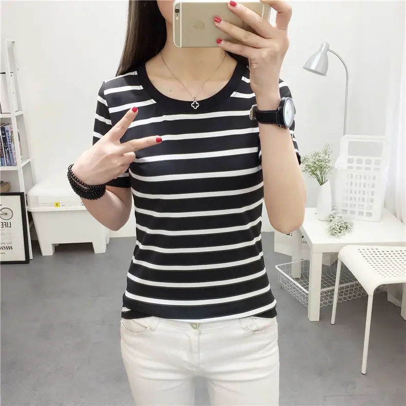 Autumn and Winter Fashion New Women\'s V-neck Striped Long-sleeved T-shirt Slim-fit Top Base Shirt Women\'s All-match