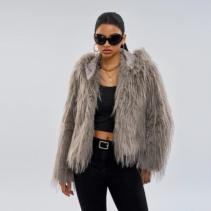 2025 retro pele do falso topos engrossar quente jaquetas longas casacos outono inverno pele fofo manga longa cor cinza jaqueta outerwear