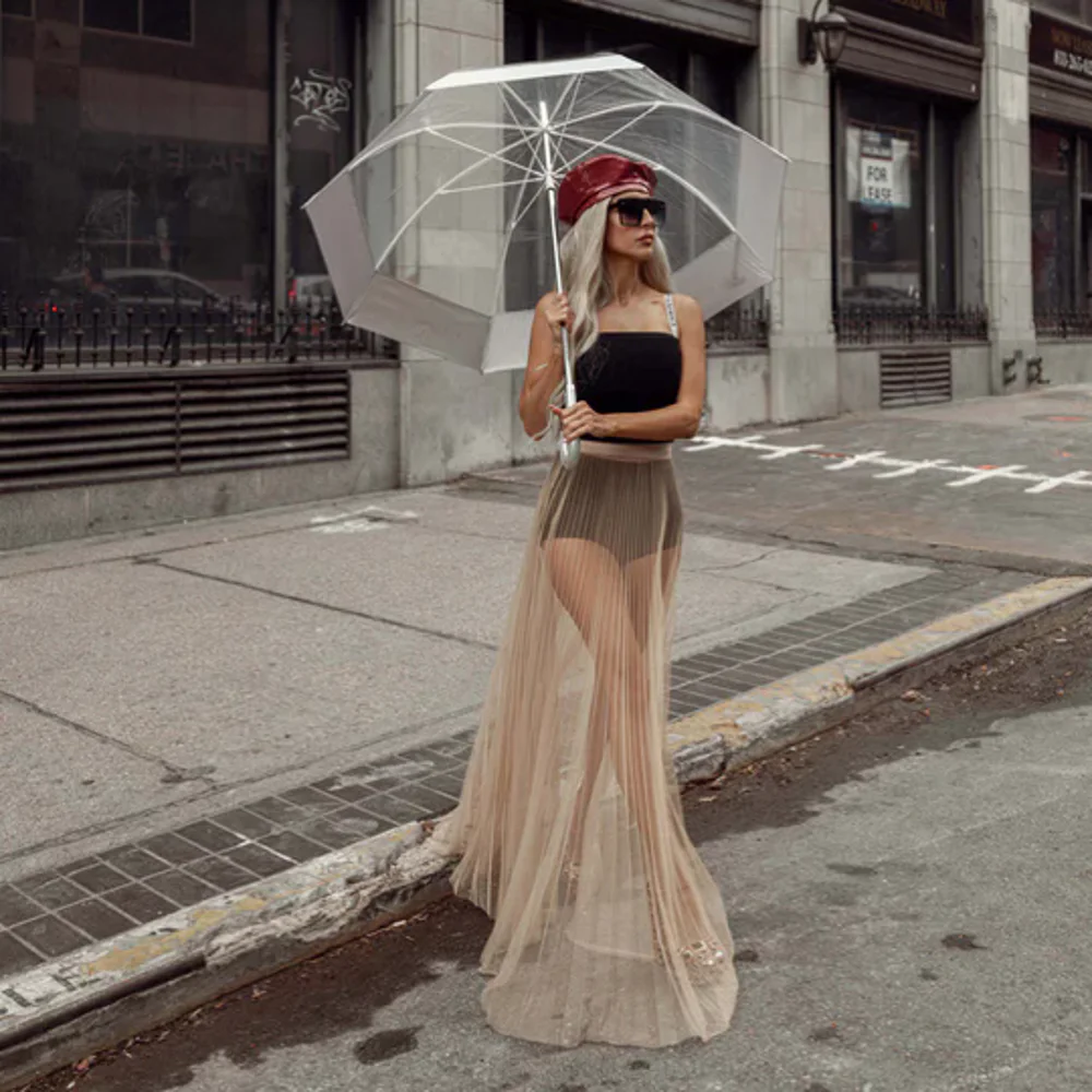 

High Street See Thru Champagne Folded Chiffon Long Skirts Illusion A-line Long Pleated Women Skirt