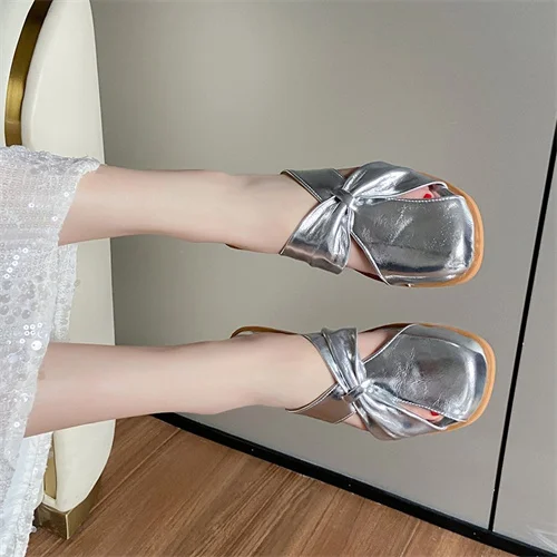 Female flat  temperament lazy people a slip-on French gentle silver round toe half slippers, female summer wear half slippers