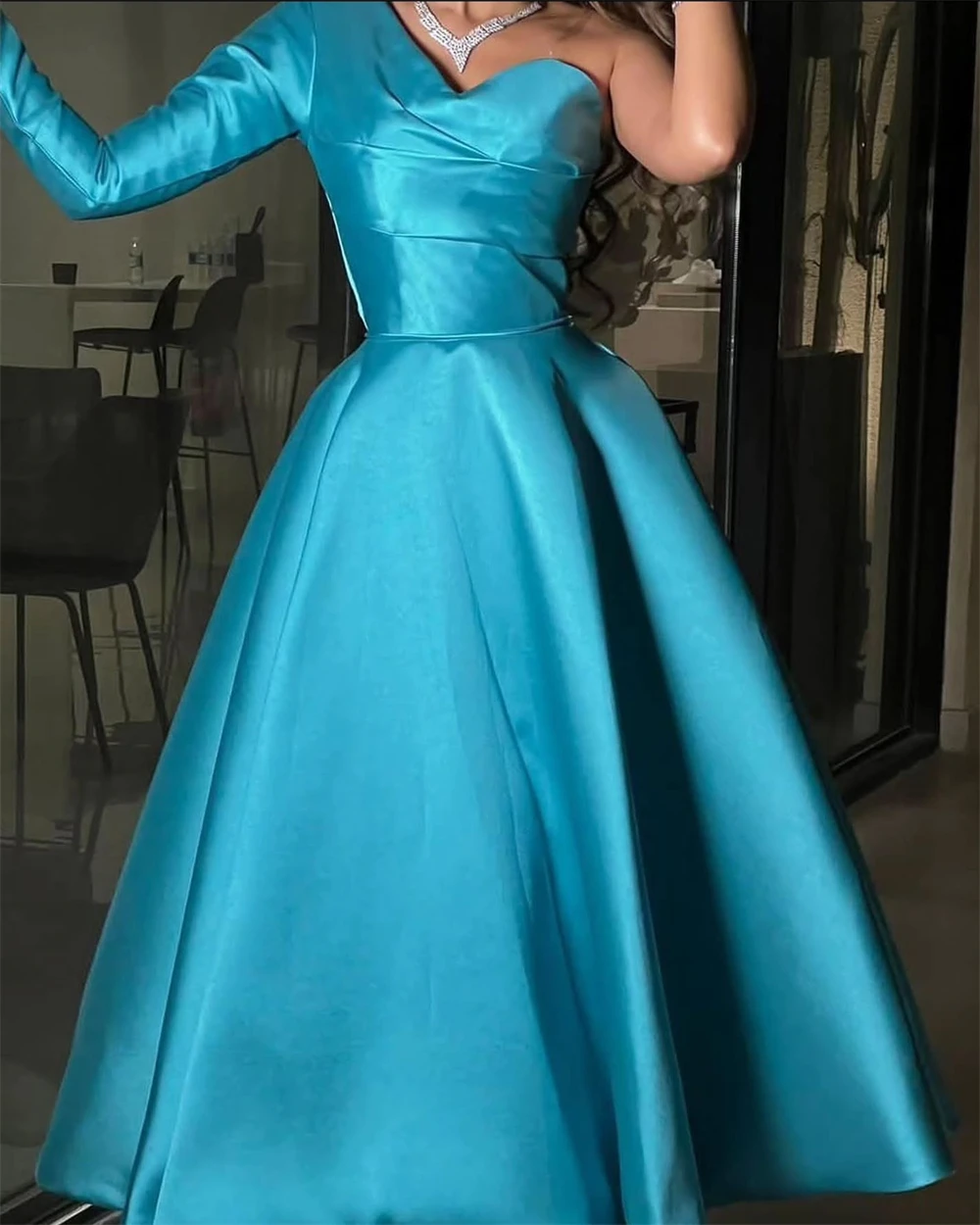 

Customized Exquisite Blue Satin Evening Dress Temperament One Shoulder Half Sleeves Strapless Soft Bespoke Occasion Gowns