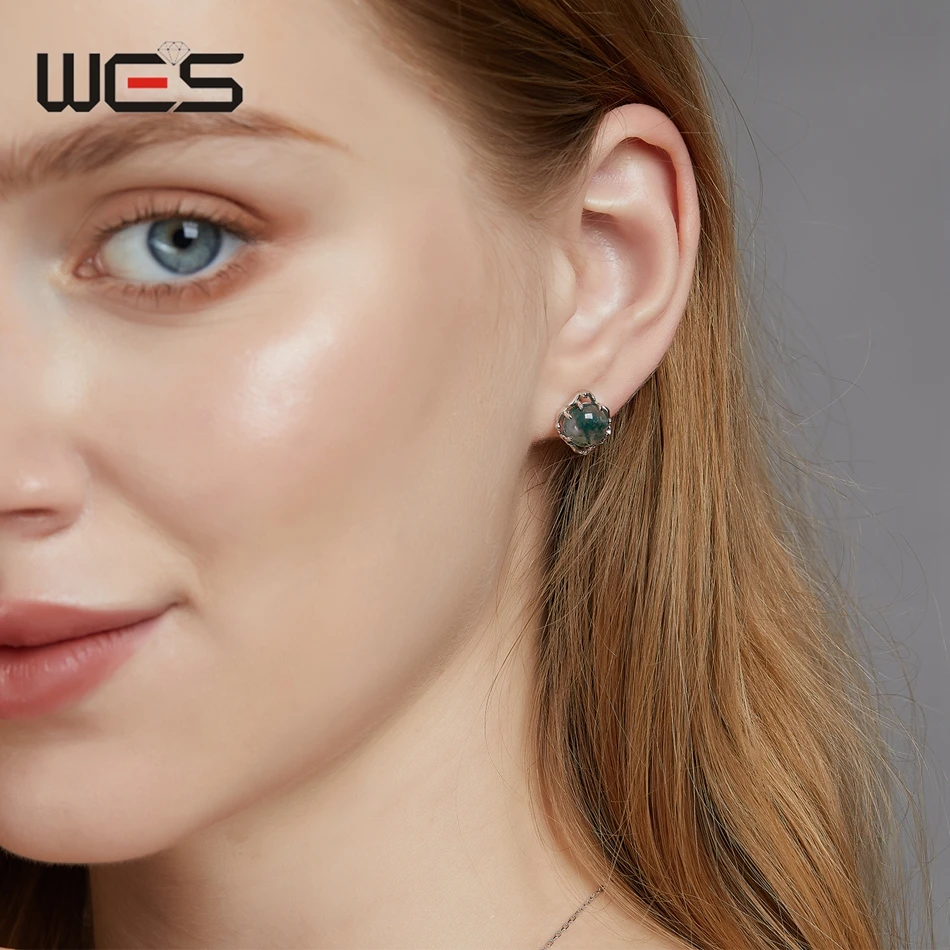 WES 925 فضة قطع مستديرة الحجر الطبيعي 8*8 مللي متر الطحلب العقيق وأقراط للمرأة جوهرة المشاركة هدية مجوهرات بالجملة #6