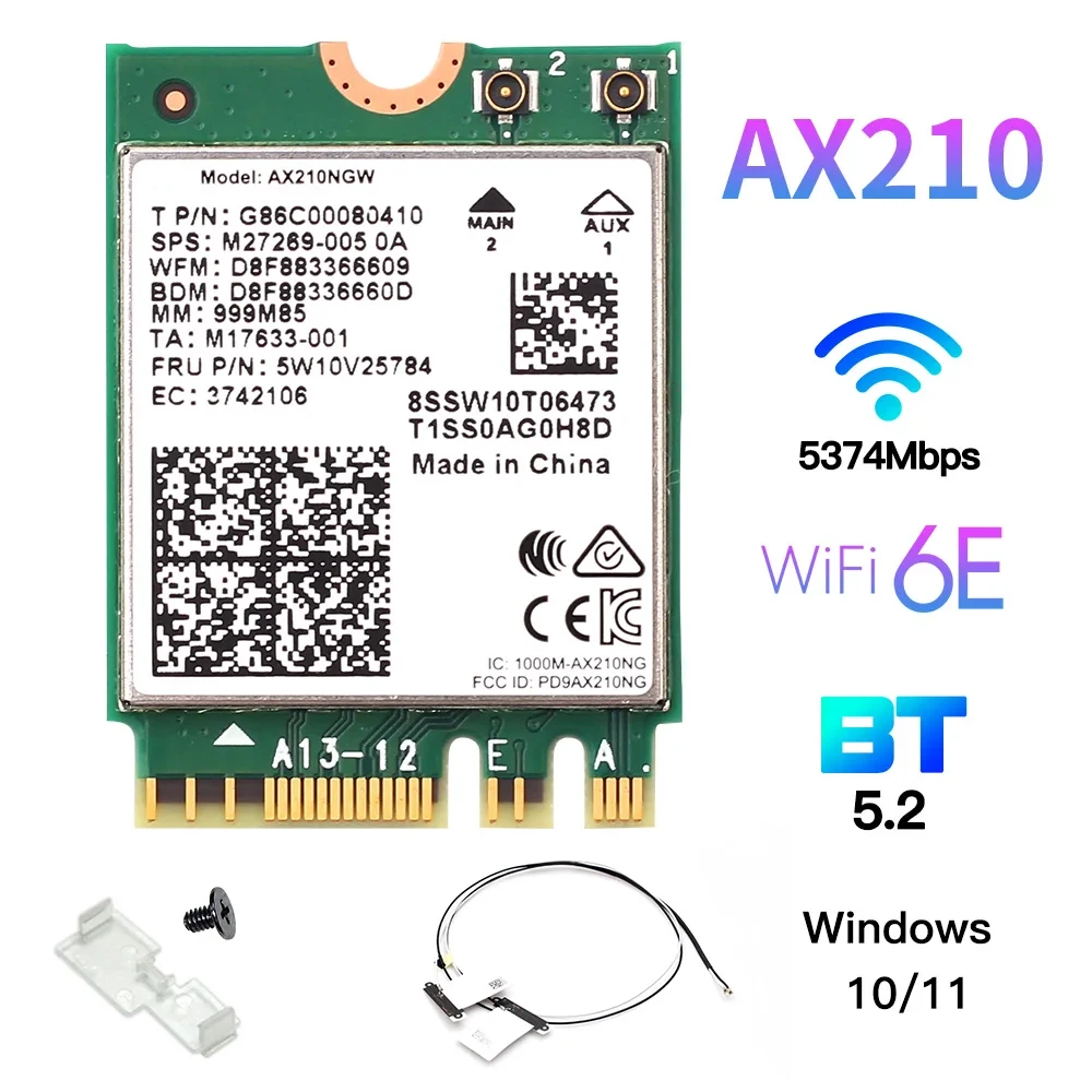 와이파이 6E AX210 무선 카드, 5374Mbps BT5.3 데스크탑 키트, 안테나 802.11ax 트라이 밴드, 2.4G, 5Ghz, 6G AX210NGW, 와이파이 6 AX200 보다 우수