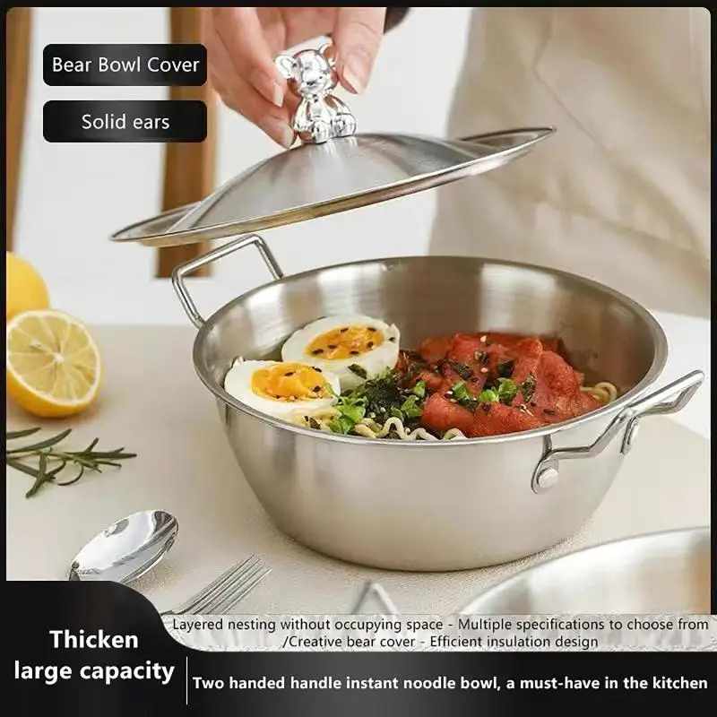 【Stainless Steel Salad Bowl Boiling Pot Instant Noodle Bowl Korean Rice Wine Bowl With Double-ear Handle Snack Basket】