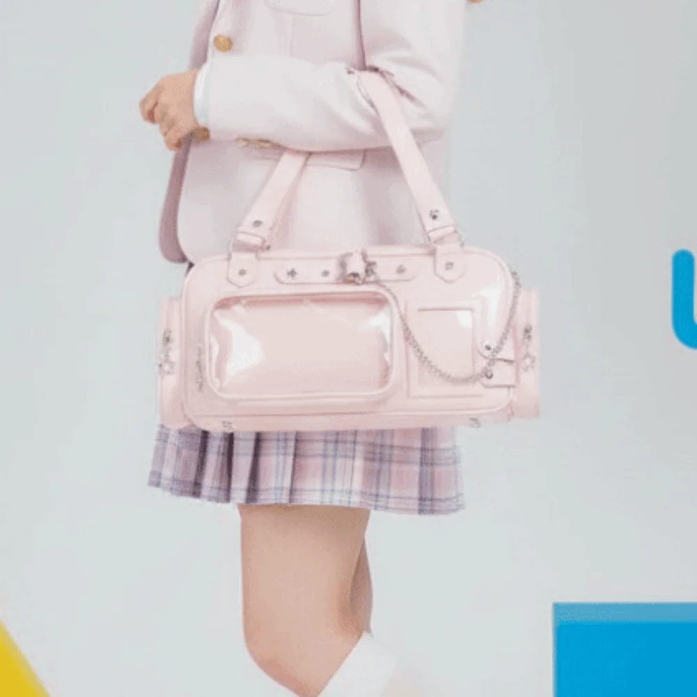 Multi Pocket Clear Ita Bag Glossy Surface with Removable Insert Idol Fans Handbag Metal Chain Star Eyelet Badge Display Purse