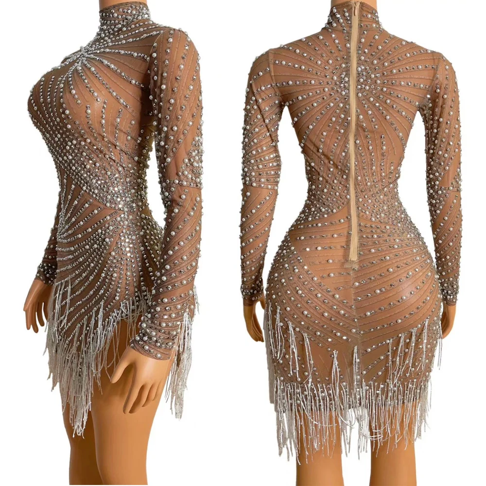 Shining Tassel Women Rhinestones Asymmetrical Dress Turtleneck Long Sleeve Nightclub Dance Show Wear Party Evening Costume