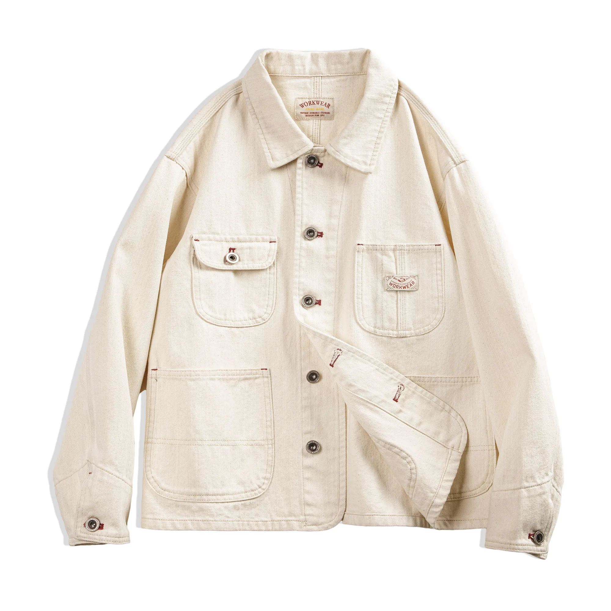 Maden-Manteau en denim blanc vintage pour femme, veste à col rabattu, simple boutonnage, vêtements décontractés, 11.2oz, nouveau