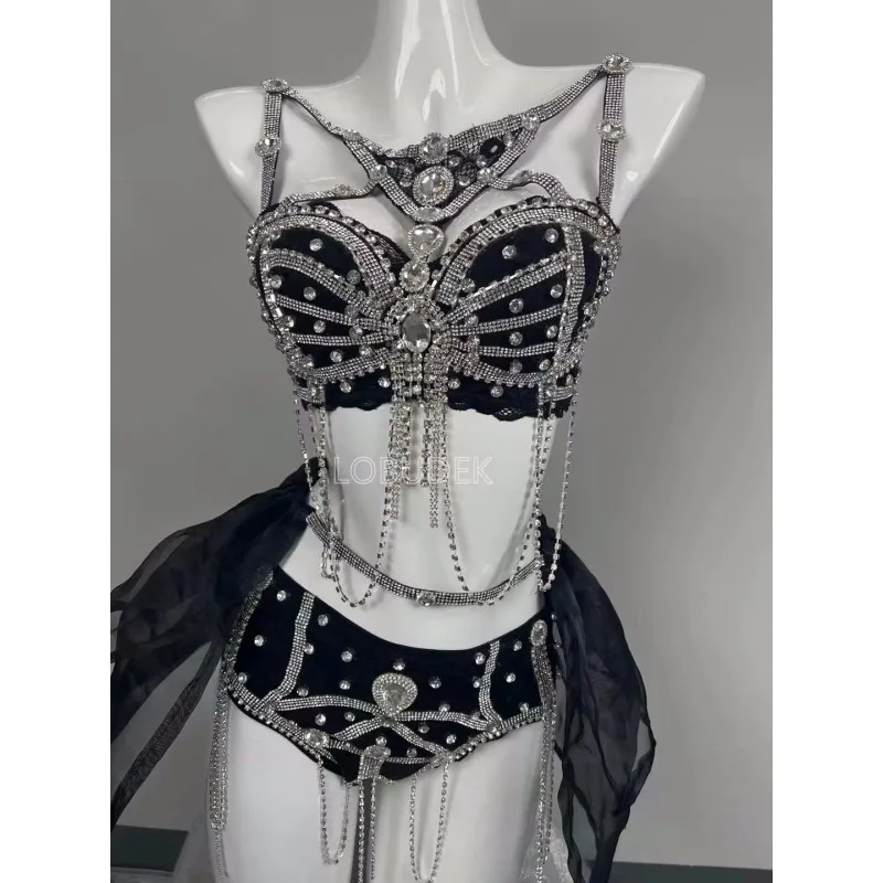 

Sexy Luxury Rhinestones Bikini Pole Dance Costume Women Music Festival Rave Outfit Nightclub DJ Dancer Gogo Performance Costume