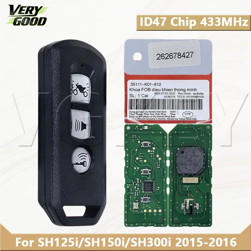 

VG 35111-K01-612 For H-onda SH125i/SH150i/SH300i 2015-2016 Motorcycle Remote Key ID47 Chip 433MHz Remote Control Key