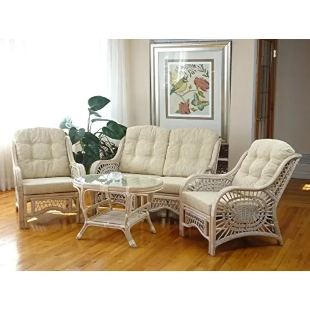 Lounge Set of 4: 2 Natural Rattan Wicker Chairs, Loveseat with Cream Cushions and Coffee Table w/Glass Handmade, White Wash