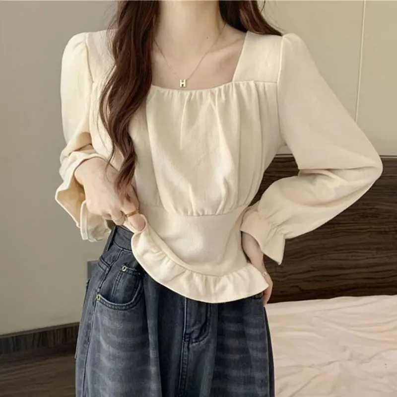 Women\'s Autumn Casual Fashion Simplicity Solid Color Square Collar Long Sleeve Shirts Women Clothes Elegant All-match Slim Tops