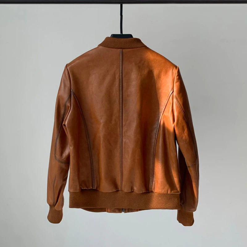 Giacca corta in pelle di pecora vintage in pelle cerata per donna Colletto alla coreana casual Manica lunga Cappotti da motociclista da moto in vera pelle sottile femminile