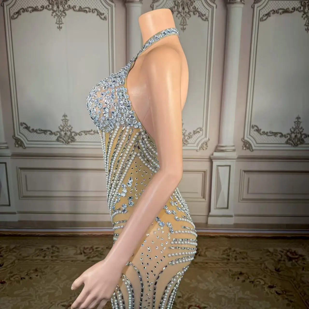 ZD Personalizado Lindo Cristal Vestidos de Baile Elegante Lantejoulas Renda Frisada Vestido de Noite Sem Mangas Vestido de Festa de Celebridade